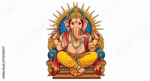 Ganesha sits crosslegged on a throne holding tools against a gold nimbus