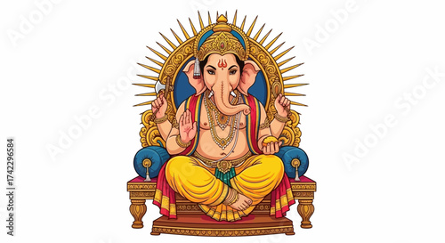 Ganesha sits crosslegged on a throne holding tools against a gold nimbus