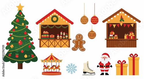 Christmasthemed vector illustration with tree stalls gingerbread Santa ornaments carousel snowflake skate and gift