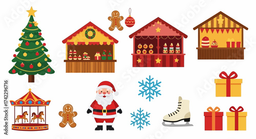 Christmasthemed vector illustration with tree stalls gingerbread Santa ornaments carousel snowflake skate and gift