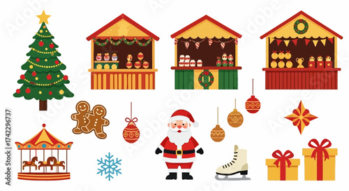 Christmasthemed vector illustration with tree stalls gingerbread Santa ornaments carousel snowflake skate and gift
