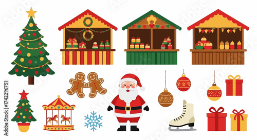 Christmasthemed vector illustration with tree stalls gingerbread Santa ornaments carousel snowflake skate and gift
