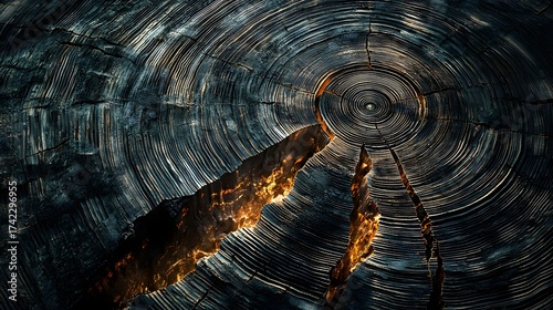 Detailed close up of weathered tree rings and concentric growth patterns revealing a dark cracked wood cross section with glowing orange fissures