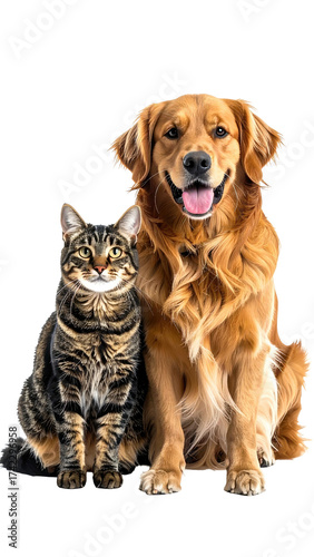 A cute tabby cat and a happy golden retriever dog sitting together in a studio portrait.