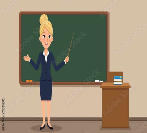 A cartoon illustration of a teacher standing in front of a chalkboard, pointing with a stick, in a classroom setting isolated on white background