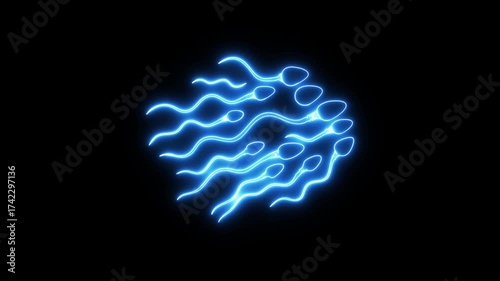 neon glowing illustration of multiple sperm cells swimming together on a black background. The design is sleek, minimalistic, and symbolic of male fertility and reproduction.