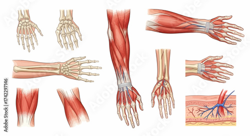 Anatomical illustrations depict bones muscles and vascular systems of the human hand and forearm