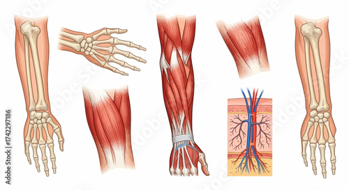 Anatomical illustrations depict bones muscles and vascular systems of the human hand and forearm