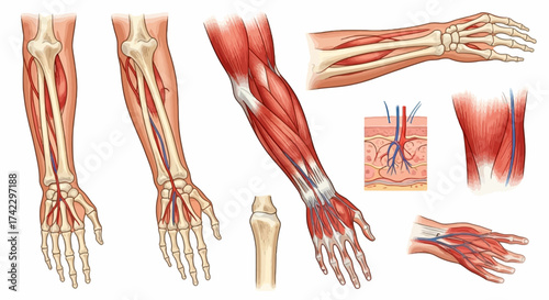Anatomical illustrations depict bones muscles and vascular systems of the human hand and forearm