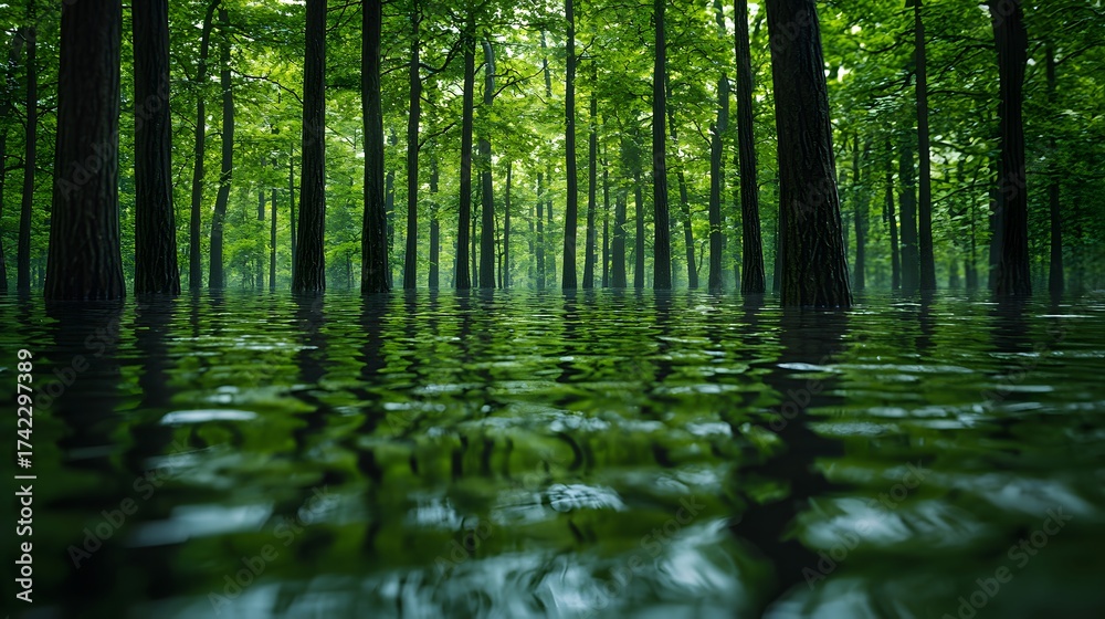 Obraz premium Flooded green forest with serene water reflections of lush trees