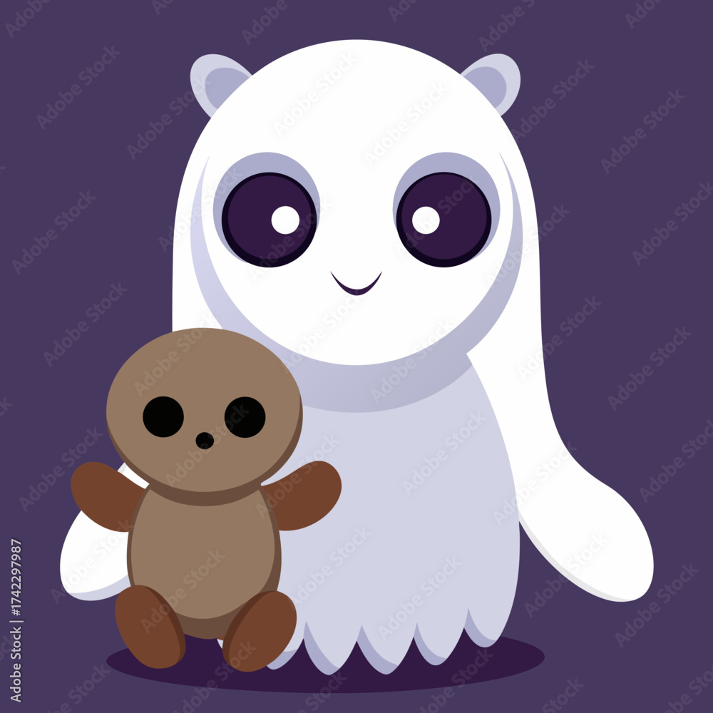 Fototapeta premium T-shirt Ghost With Big Round Eyes Holding A Teddy Bear Vector Cartoon
