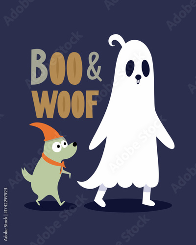 T-shirt Ghost Walking Dog Boo And Woof Cute Cartoon Illustration