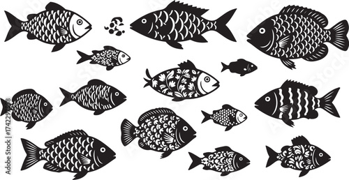 Hand drawn fish silhouettes patterns collection