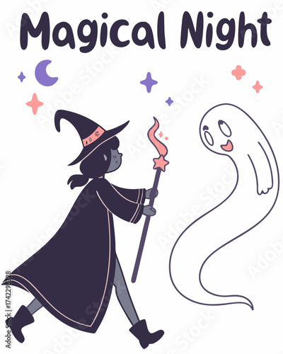 T-shirt Witch With Ghost And Stars Magical Night Cute Cartoon
