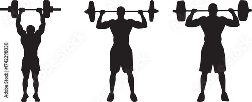 Overhead press exercise guide barbell weightlifting strength training workout fitness. Silhouettes of men lifting weights symbol of discipline and strength vector silhouette