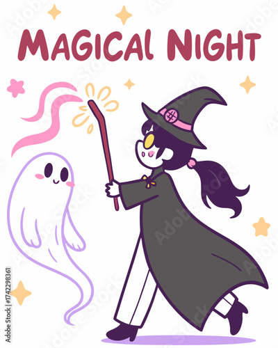 T-shirt Witch With Ghost And Stars Magical Night Fun Cartoon
