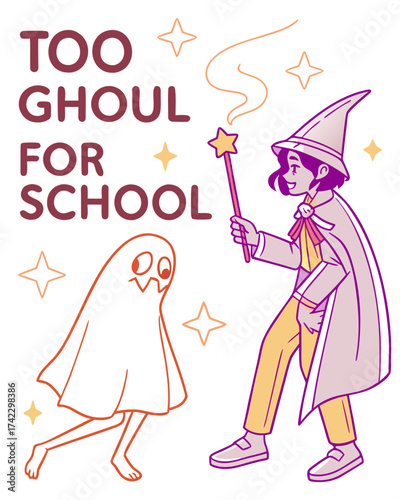 T-shirt Wizard With Ghost And Stars Too Ghoul For School Cartoon