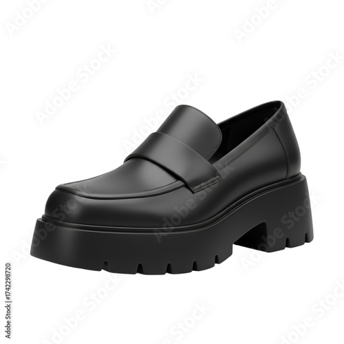 Black leather loafer shoe with thick platform sole isolated on transparent background
