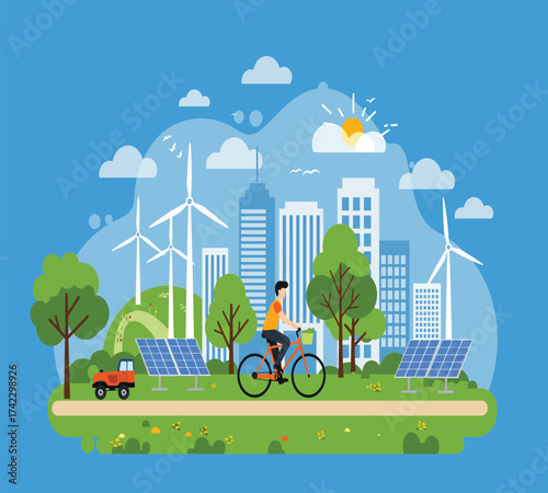 A cyclist rides through an ecofriendly city with wind turbines, solar panels, and green spaces, promoting sustainability and a healthy lifestyle in a clean environment