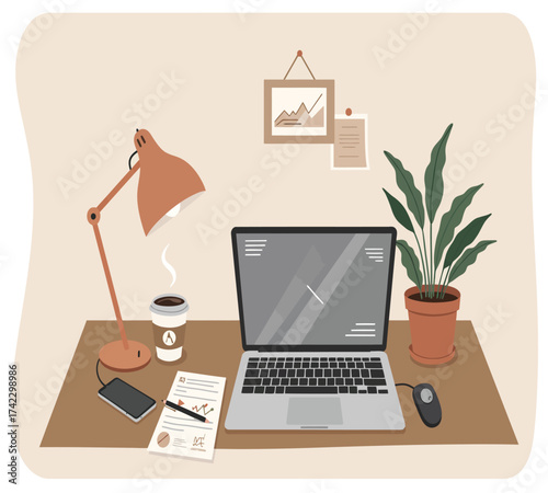 A welllit workspace featuring a laptop, lamp, coffee mug, and documents arranged on a wooden desk, creating a productive and inviting atmosphere