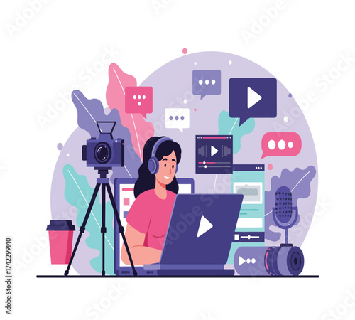 A woman is recording a video with her laptop, she is wearing headphones and there is a microphone, camera, and other equipment around her isolated on white background