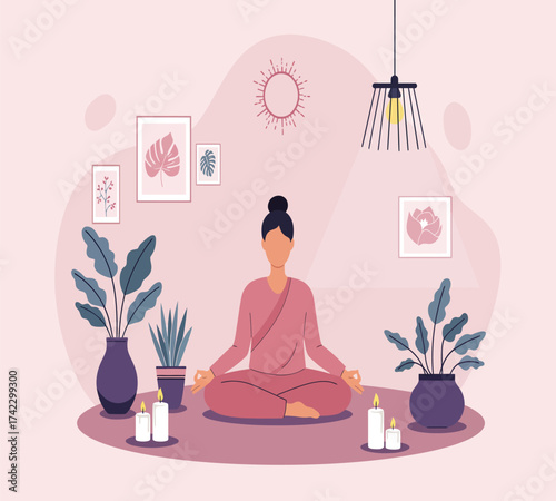 A woman is meditating in a room with plants, candles, and pictures on the wall, creating a peaceful and serene atmosphere for relaxation and mindfulness practice
