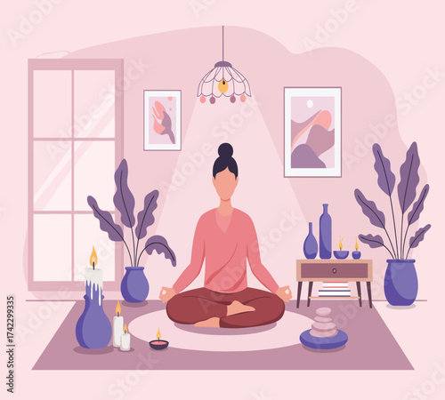 A woman is meditating in a room with plants, candles, and pictures on the wall, creating a peaceful and serene atmosphere for relaxation and mindfulness practice