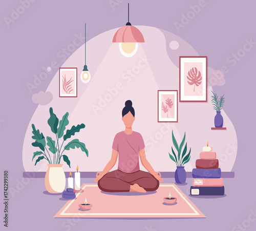 A woman is meditating in a room with plants, candles, and pictures on the wall, creating a peaceful and serene atmosphere for relaxation and mindfulness practice