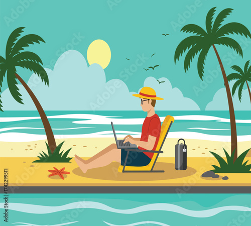 A man working remotely on his laptop while sitting on a beach chair near the ocean with palm trees, sun, and birds in the background on a sunny day