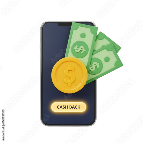 Smartphone displaying cash back with coin and banknotes, isolated on transparent background