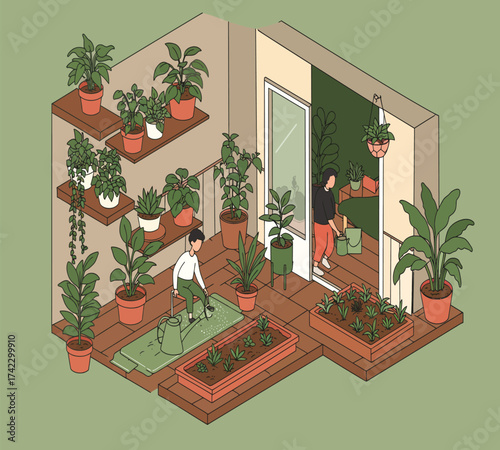 Isometric indoor garden with plants on shelves and a person watering plants, creating a serene and green environment within a cozy and welllit space