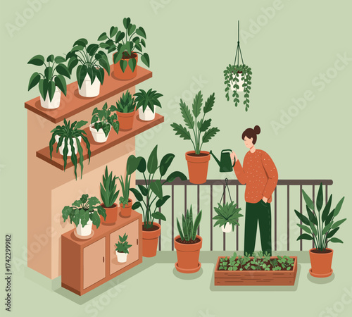 Illustration of a person tending to a collection of potted plants on a balcony, showcasing indoor gardening and the connection with nature