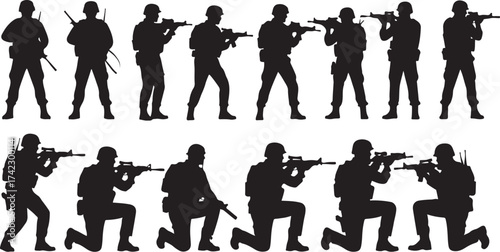 Silhouette soldiers aiming rifles poses set