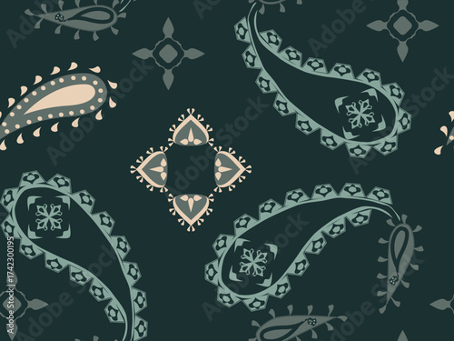 Classic vintage inspired surface design, Elegant paisley floral seamless pattern with ornamental details.