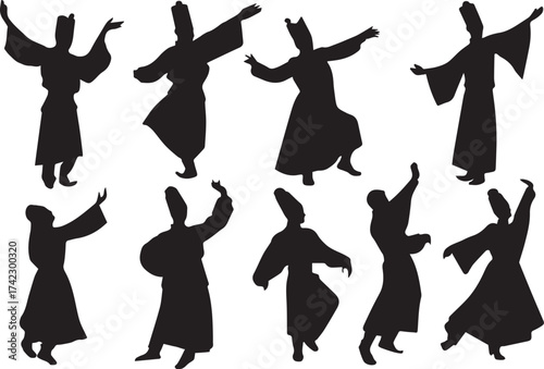 Find whirling dervishes silhouette vector art for spiritual dance design
