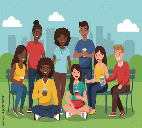 A diverse group of friends are enjoying a sunny day in the park, sharing drinks and laughter, creating a sense of community and belonging