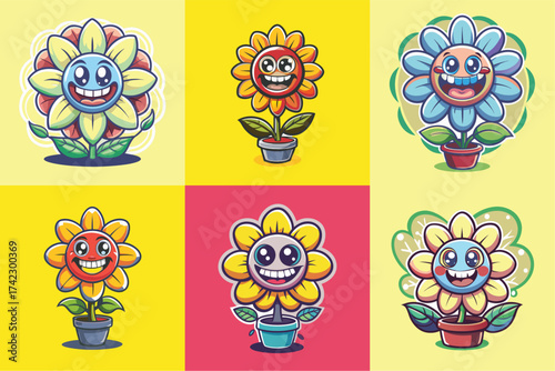 Six cartoon illustrations of smiling flowers in pots with different colors and expressions.