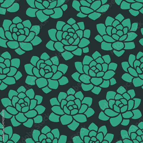 Stylized Teal Green Succulent Rosette Plants in a Seamless Botanical Pattern Vector Illustration.
