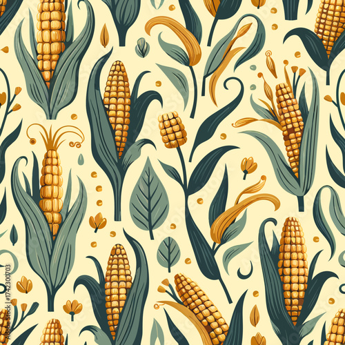 Elegant seamless pattern of stylized golden corn cobs with flowing teal husks.