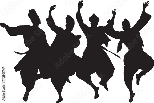 Silhouettes of men dancing joyfully in traditional costumes symbol of cultural diversity vector silhouette