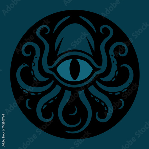 Stylized Kraken Eye with Tentacles Emblem Design.