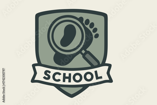Detective school emblem with a magnifying glass examining a footprint on a green shield and a banner.