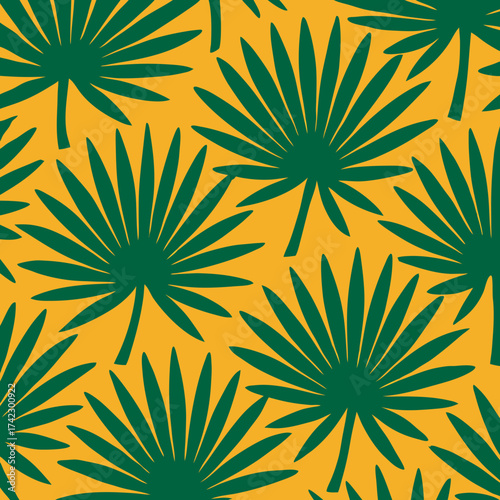 Vibrant seamless pattern of stylized dark green fan palm leaves on a bold yellow background.