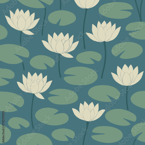 Elegant Water Lily Pattern with Green Pads on Teal Background.