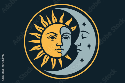 Stylized Sun and Moon Faces Embracing in Celestial Harmony.