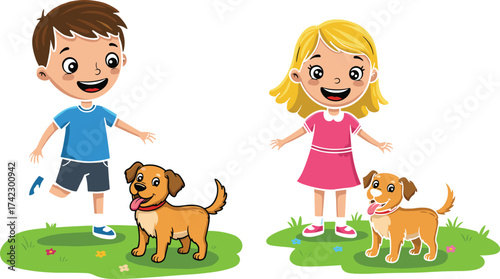 Children with brown dogs, cartoon boy and girl, outdoor play, wagging tail, smiling kids, grassy field, pet care, cheerful scene