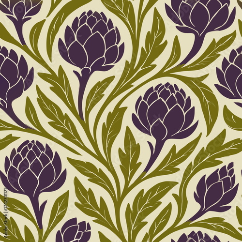 Stylized purple artichoke and olive green leaf seamless pattern elegant Art Nouveau botanical design.