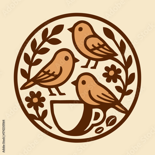 Stylized circular emblem featuring three brown birds a coffee cup and floral elements.