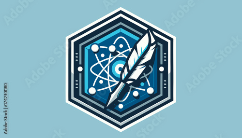 Modern hexagonal emblem featuring a quill pen and abstract atomic science elements.