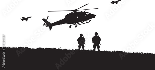 Military helicopter and jets over soldiers